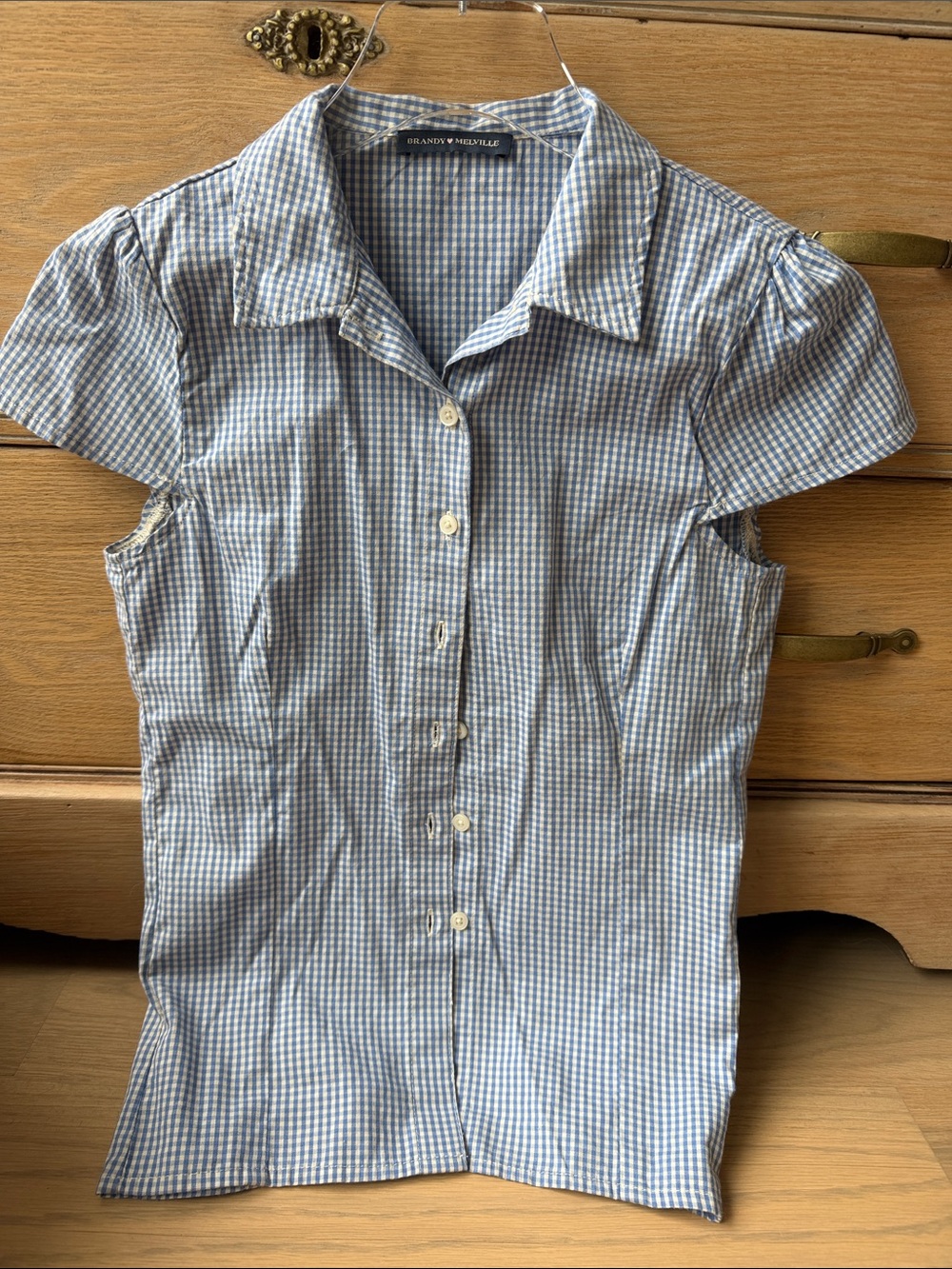 Brandy Melville light blue gingham puff cap sleeves button down small